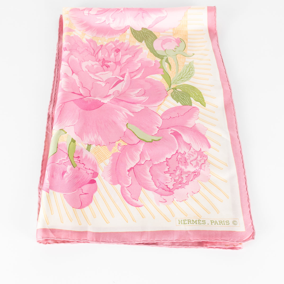 Hermes Les Pivoines Pink Floral Silk Scarf