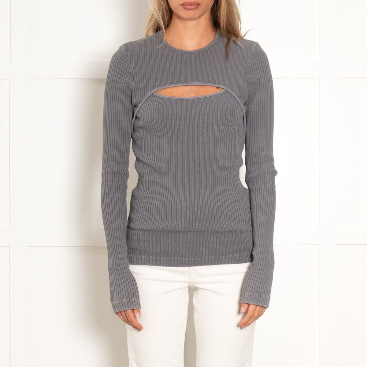 Agolde Washed Grey Cutout Ribbed Cotton Top