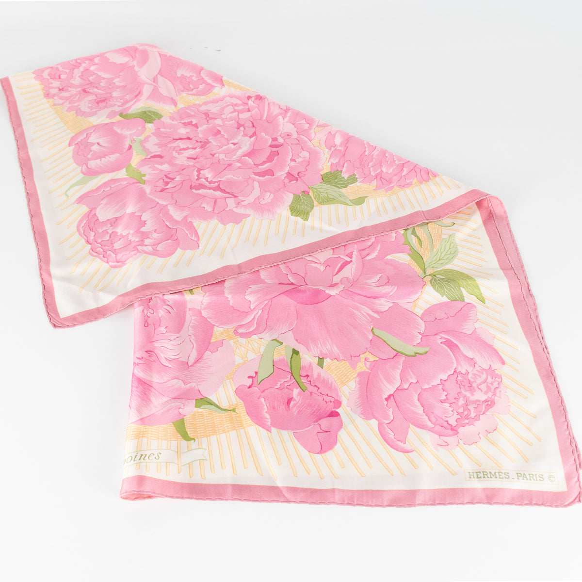 Hermes Les Pivoines Pink Floral Silk Scarf