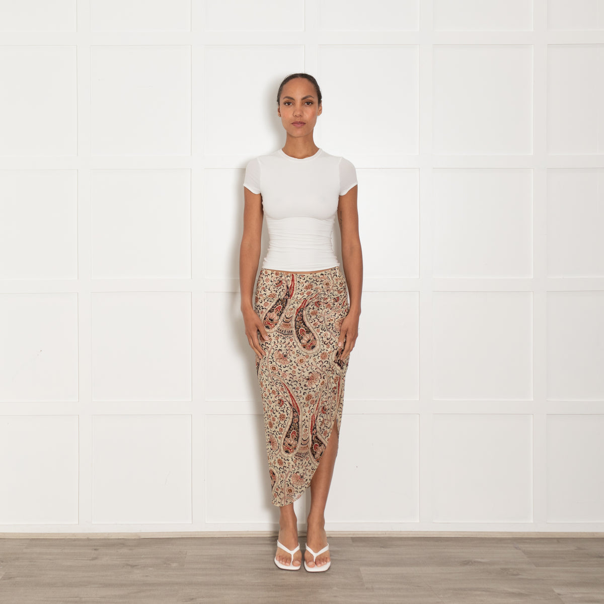 Veronica Beard Cream, Red and Brown Patterned Gathered Side Midi Skirt