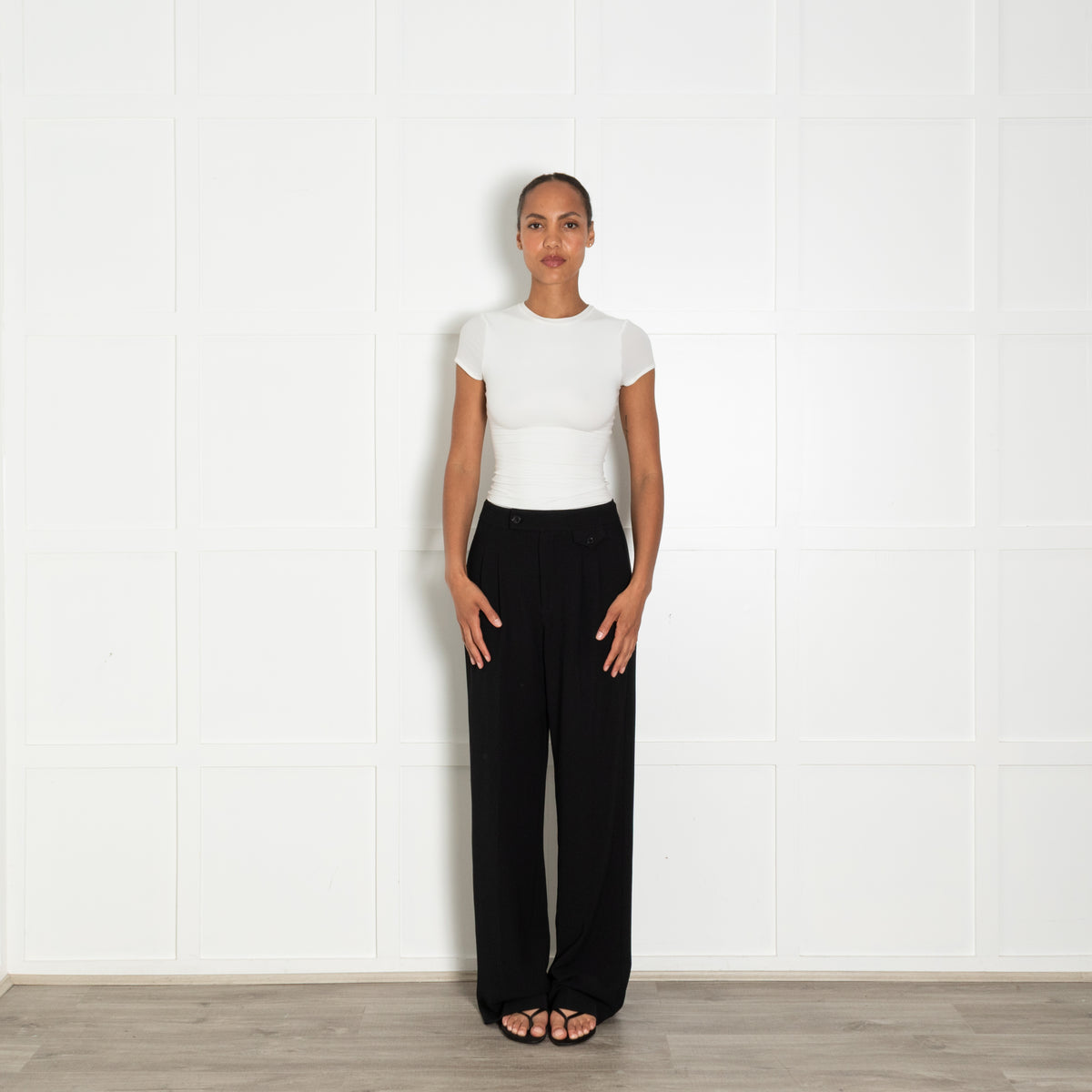 Paige Black Tailored Trousers With Front Pleats And Button Detail