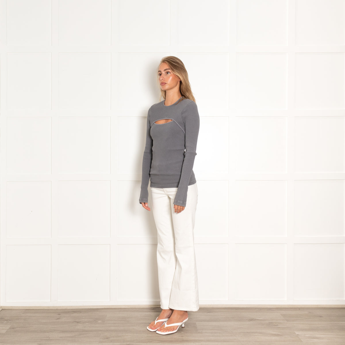 Agolde Washed Grey Cutout Ribbed Cotton Top