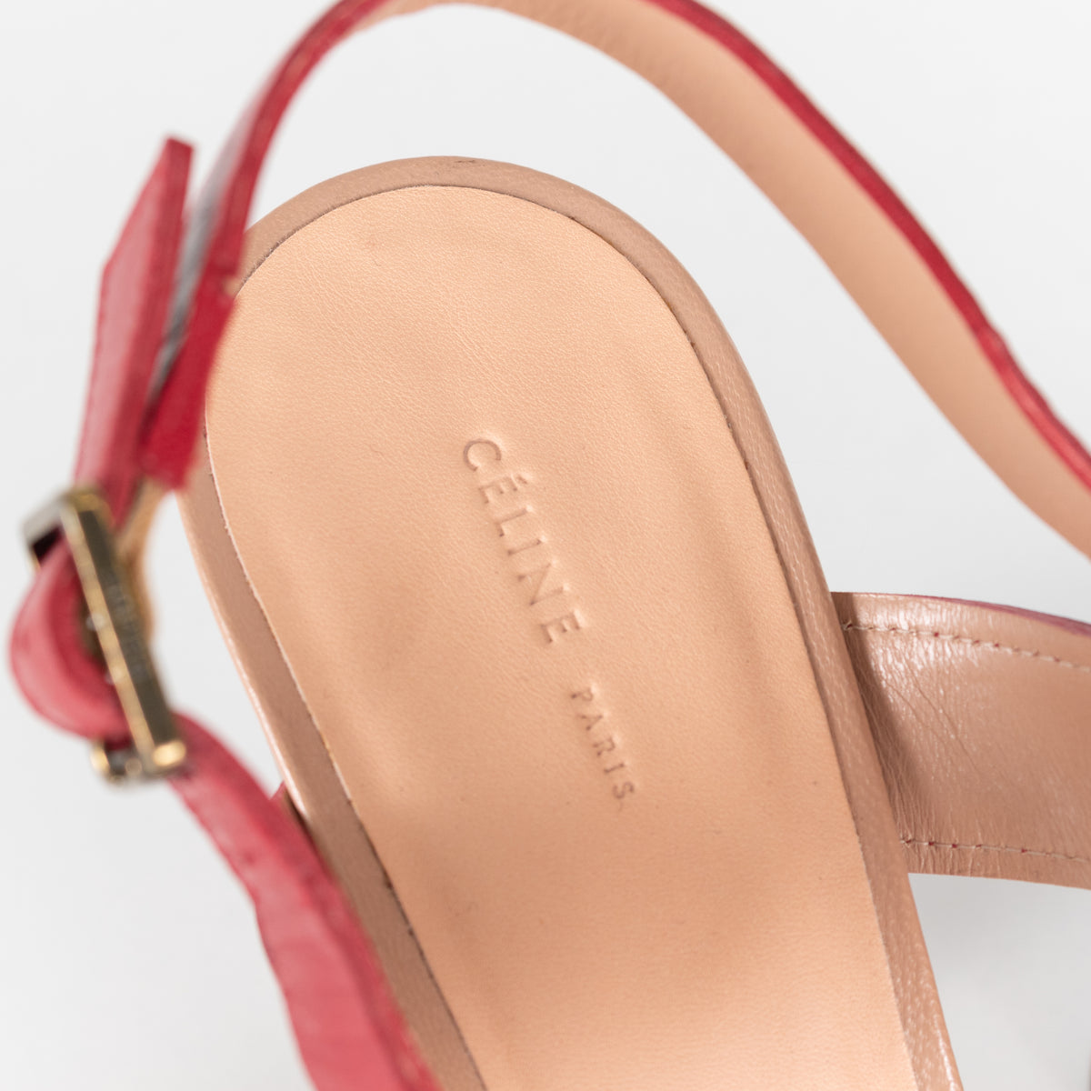 Céline Red Leather & Wood Strappy Horsebit Block Heels