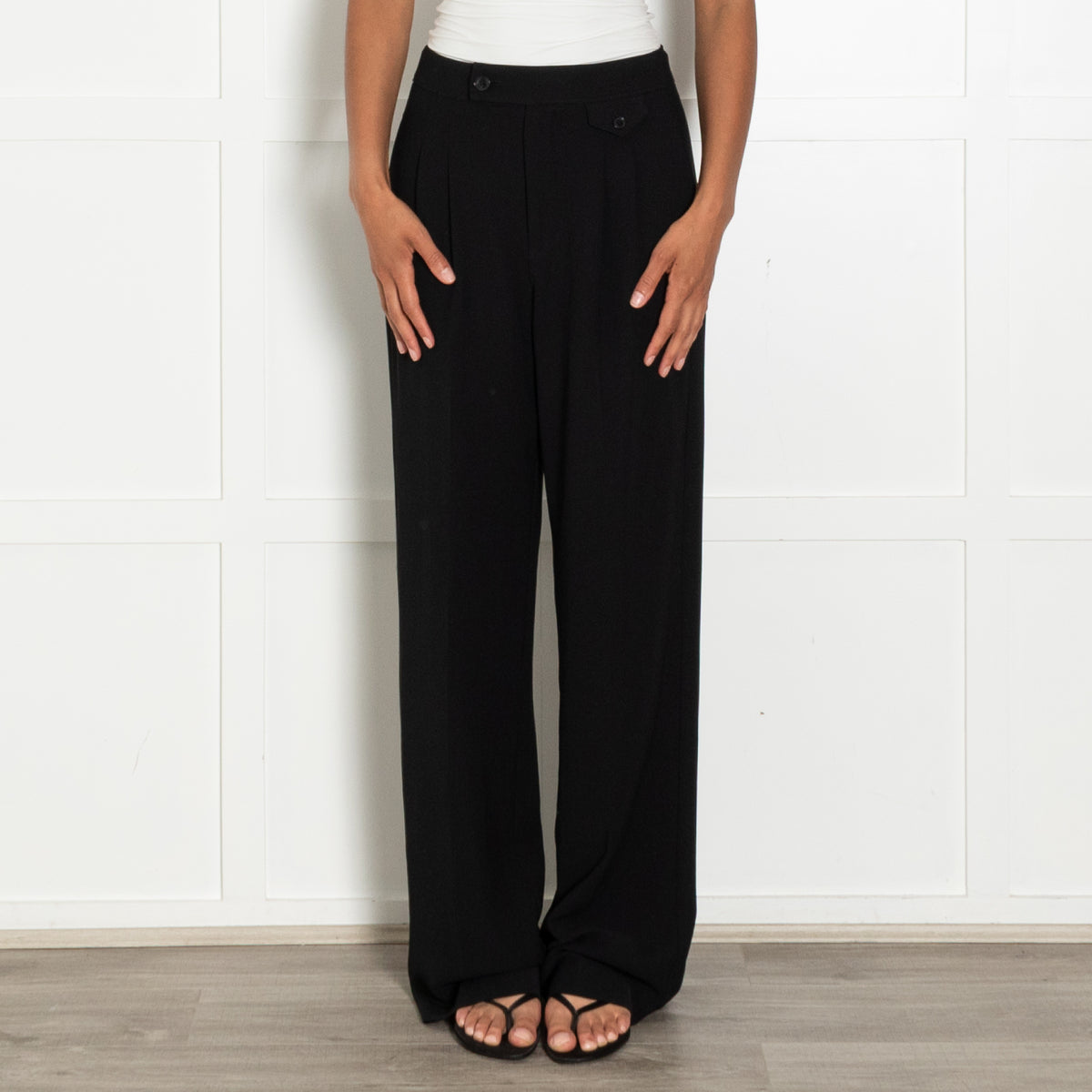 Paige Black Tailored Trousers With Front Pleats And Button Detail