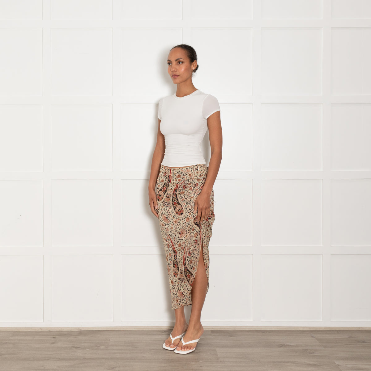 Veronica Beard Cream, Red and Brown Patterned Gathered Side Midi Skirt