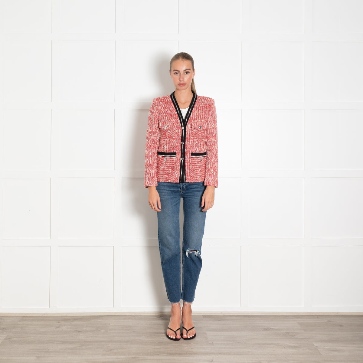 Maje Red and White Boucle Jacket With Silver Buttons
