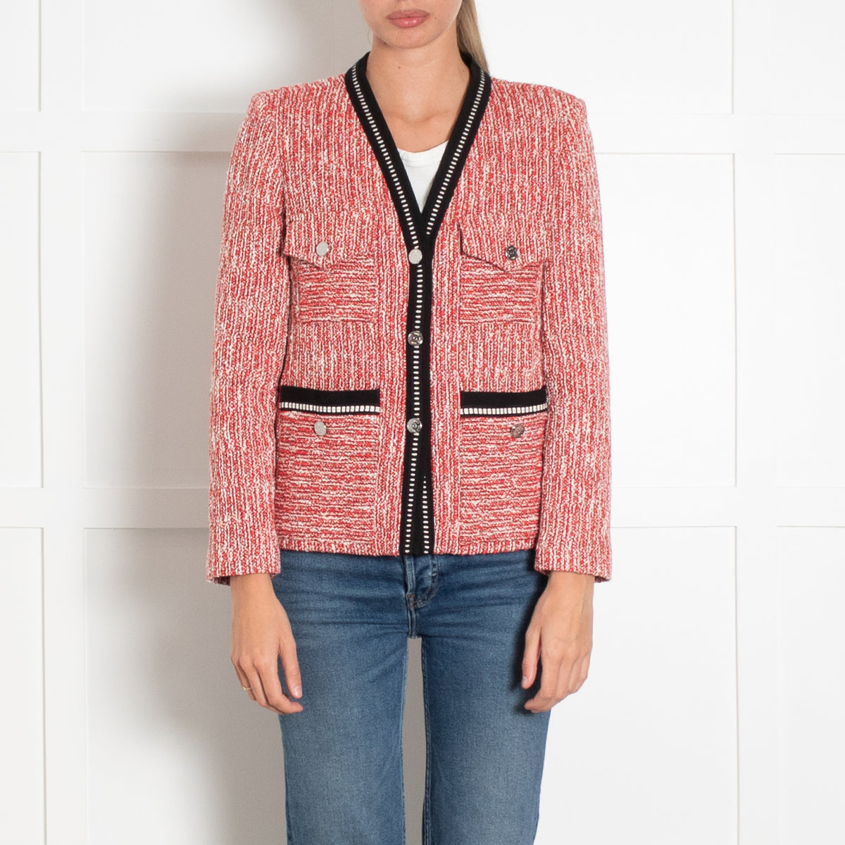 Maje Red and White Boucle Jacket With Silver Buttons