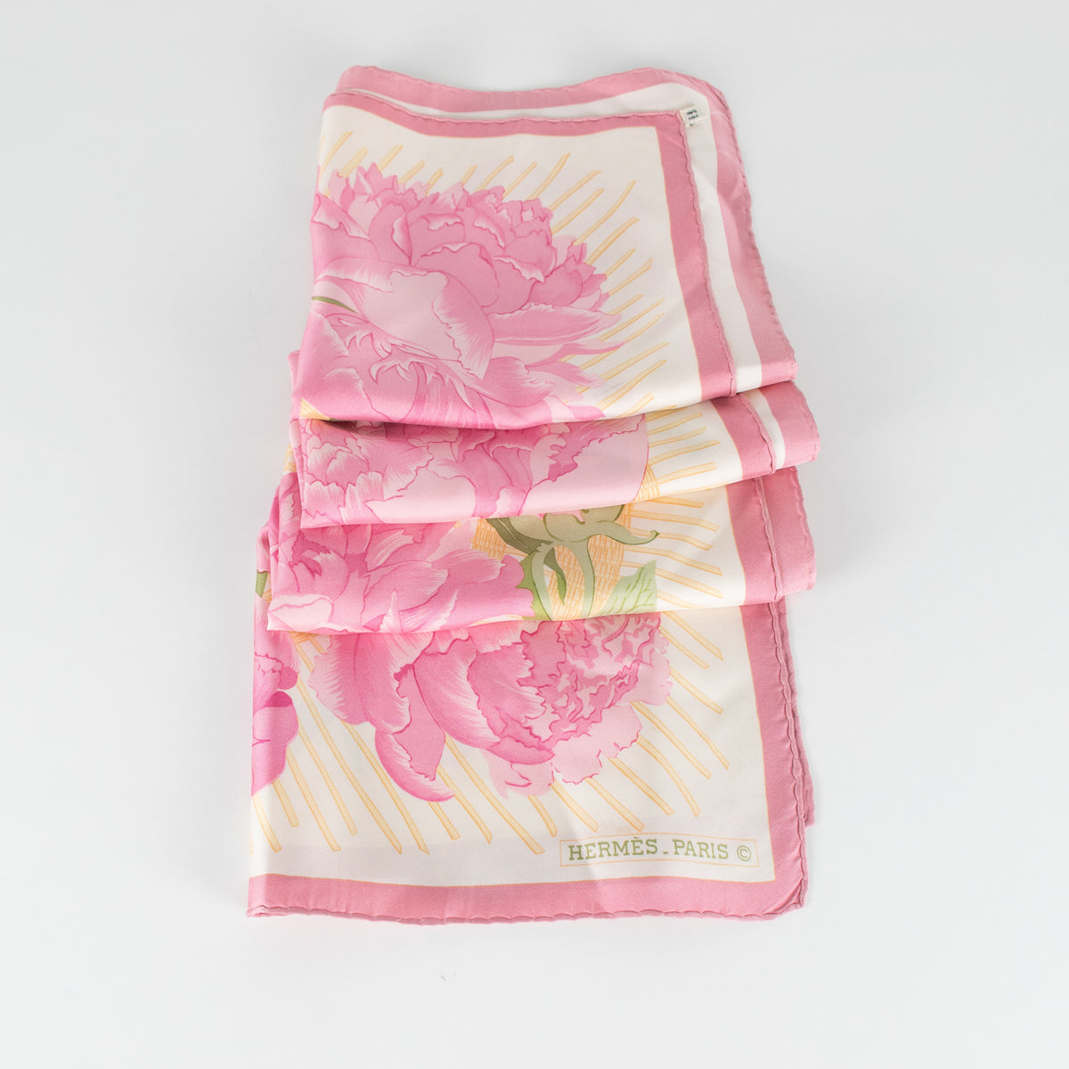 Hermes Les Pivoines Pink Floral Silk Scarf