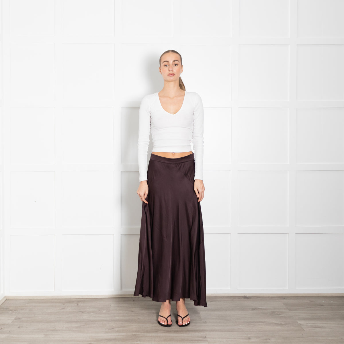 Rabens Saloner Brown Satin A-Line Maxi Skirt