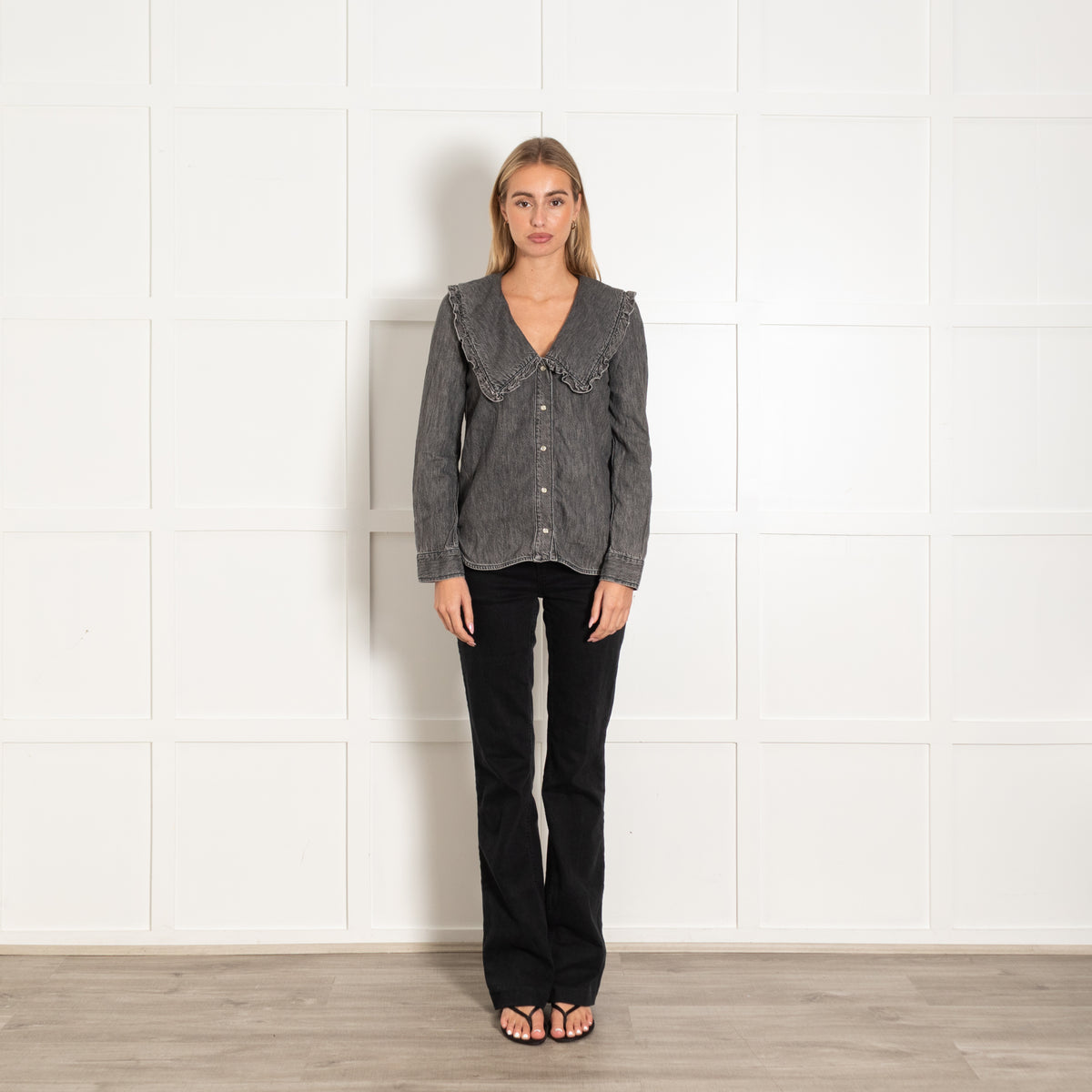 Ganni Grey Denim Frill Trim Collar Blouse