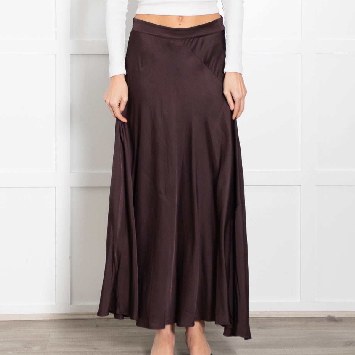 Rabens Saloner Brown Satin A-Line Maxi Skirt