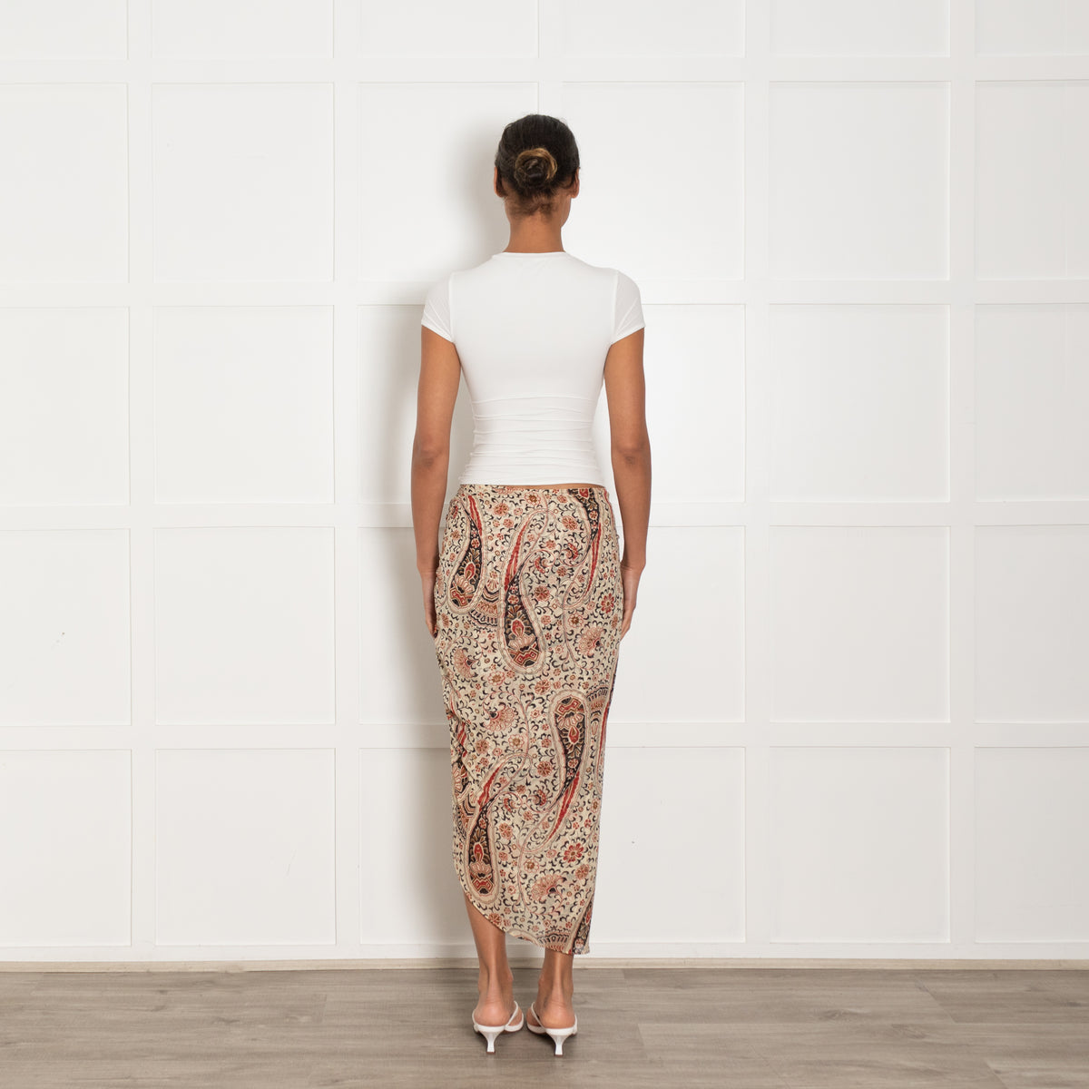 Veronica Beard Cream, Red and Brown Patterned Gathered Side Midi Skirt
