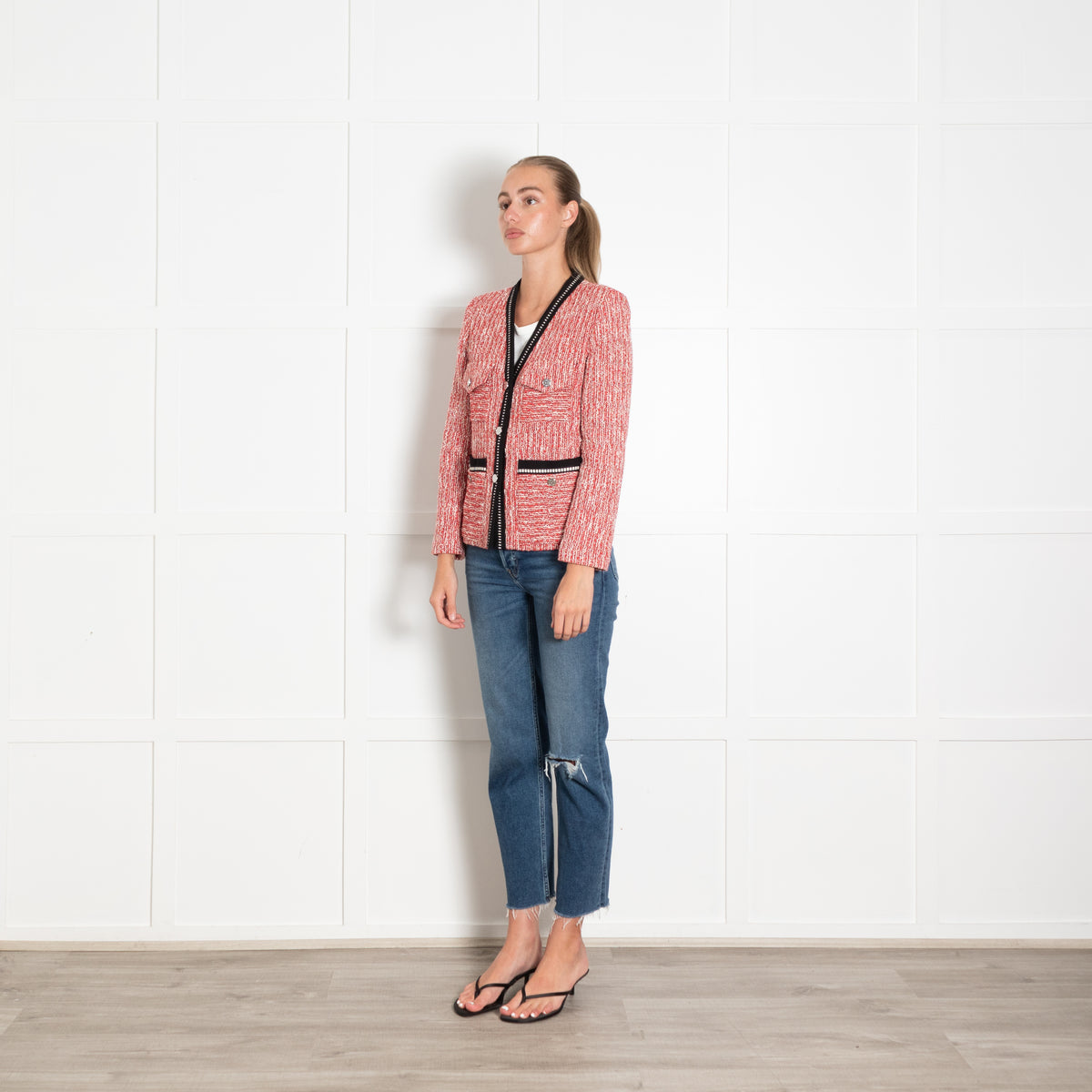 Maje Red and White Boucle Jacket With Silver Buttons