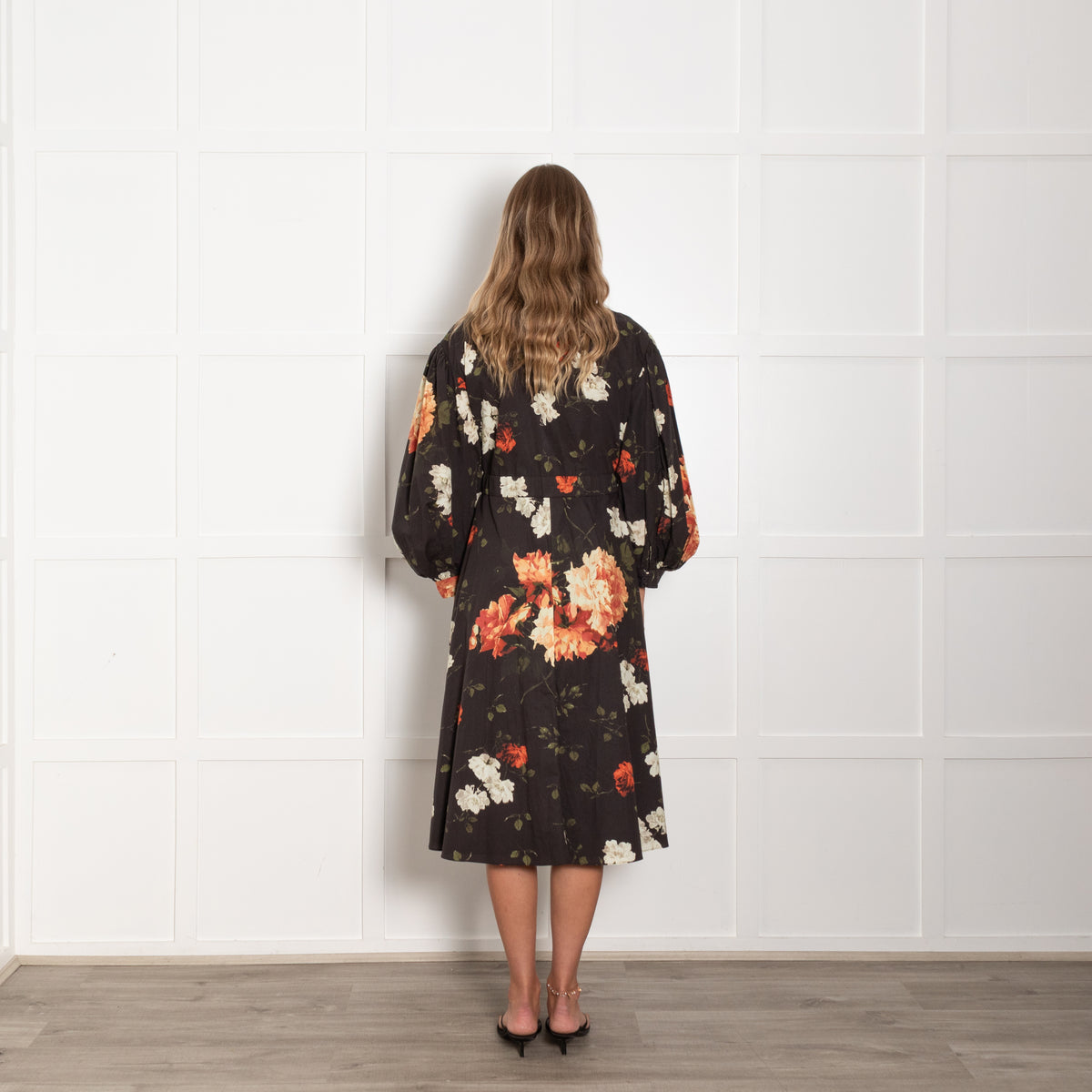 Erdem Black Red White Floral Belted Long Sleeve Dres