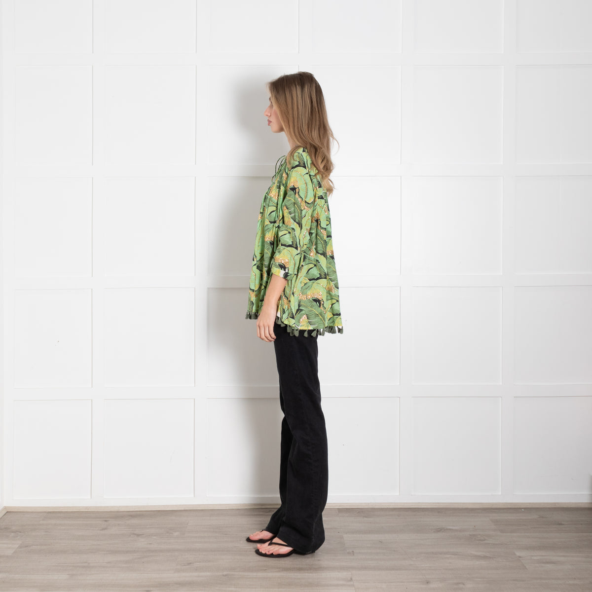Rose & Rose Green Cotton Leaf Print Top with Gold Embellisment