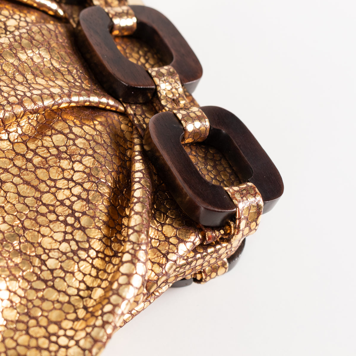 Anya Hindmarch Gold Crinkle Clutch with Wooden Link Detail