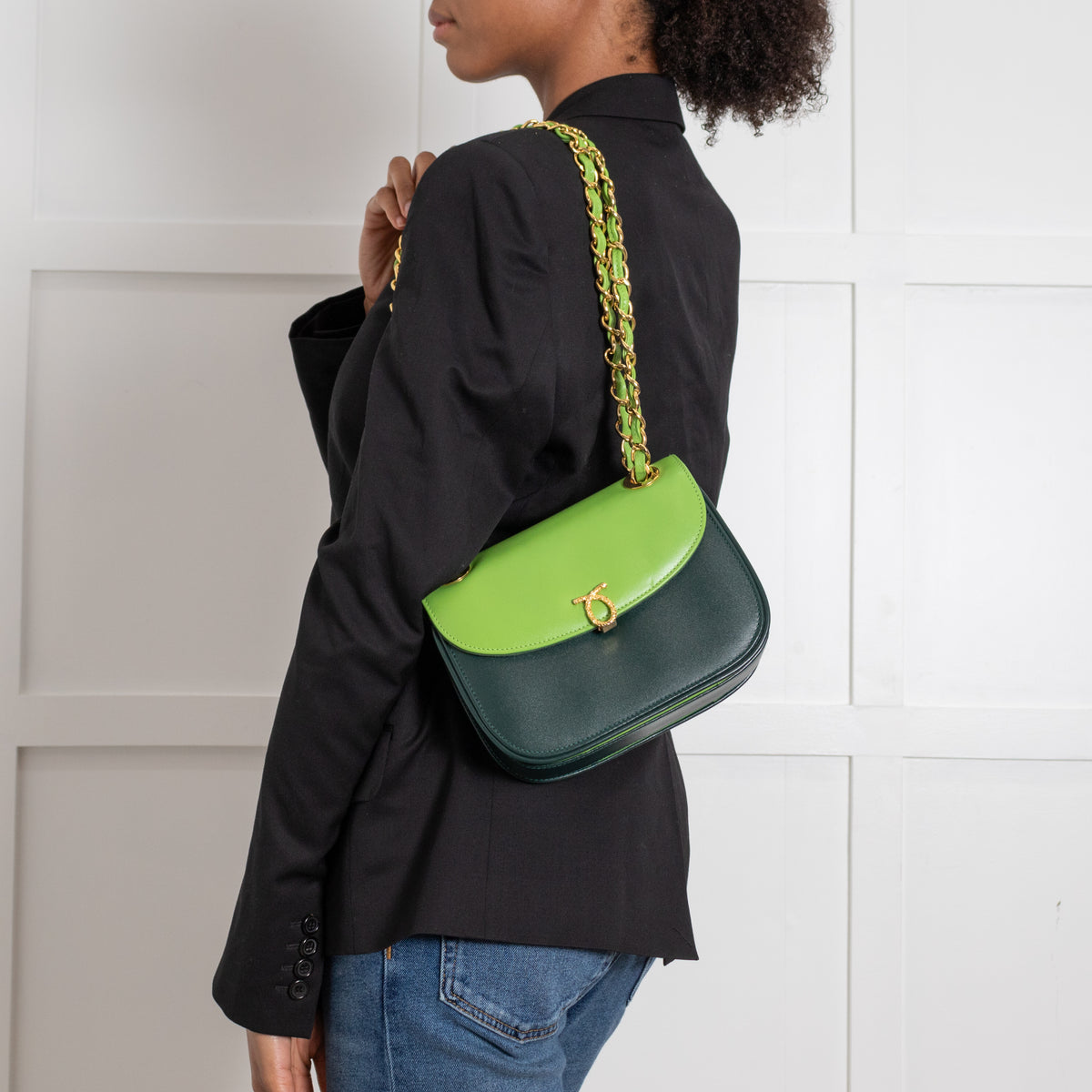 Launer London Forest Green Lime Green Gold Hardware Judi Bag