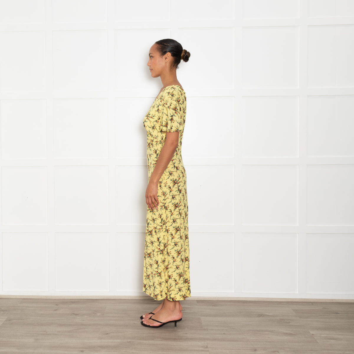 Sandro Yellow Floral Tea Dress with Cap Sleeves