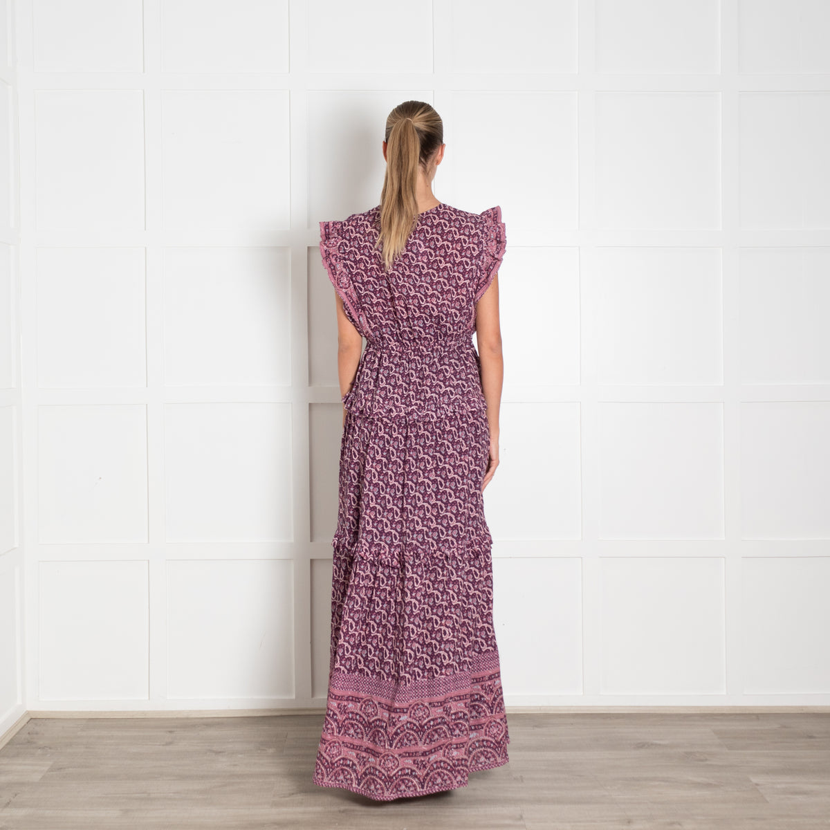 M.A.B.E Purple Cream Paisley Print Frill Detail Maxi Linen Dress