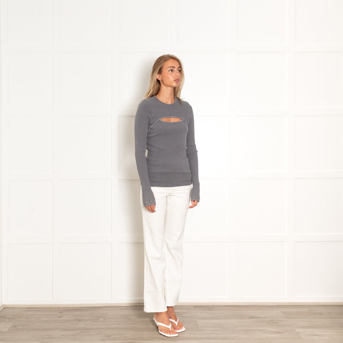 Agolde Washed Grey Cutout Ribbed Cotton Top