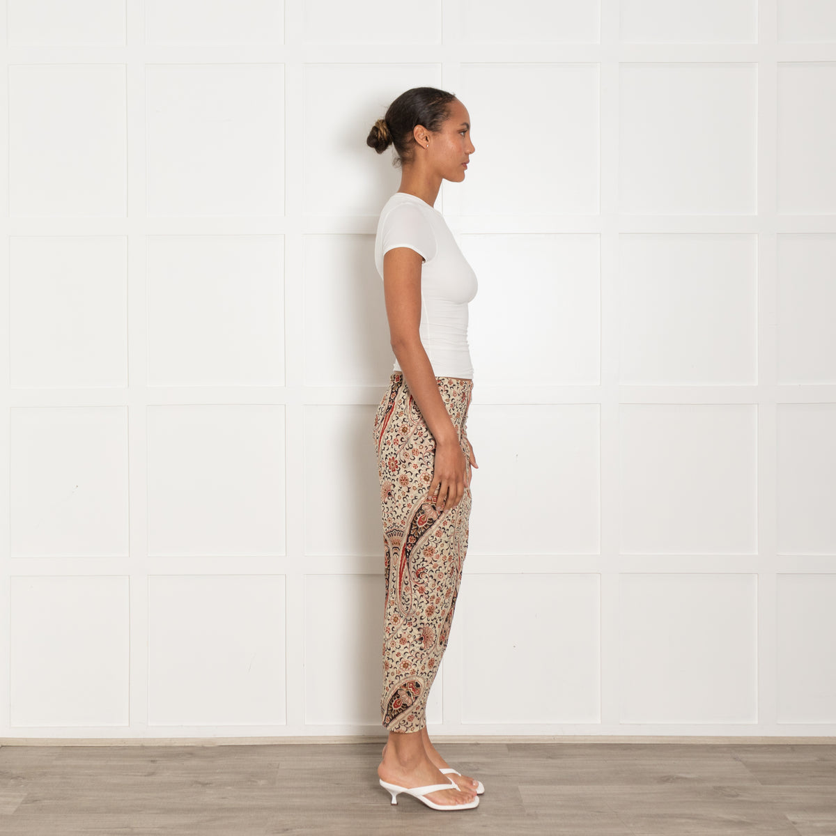 Veronica Beard Cream, Red and Brown Patterned Gathered Side Midi Skirt