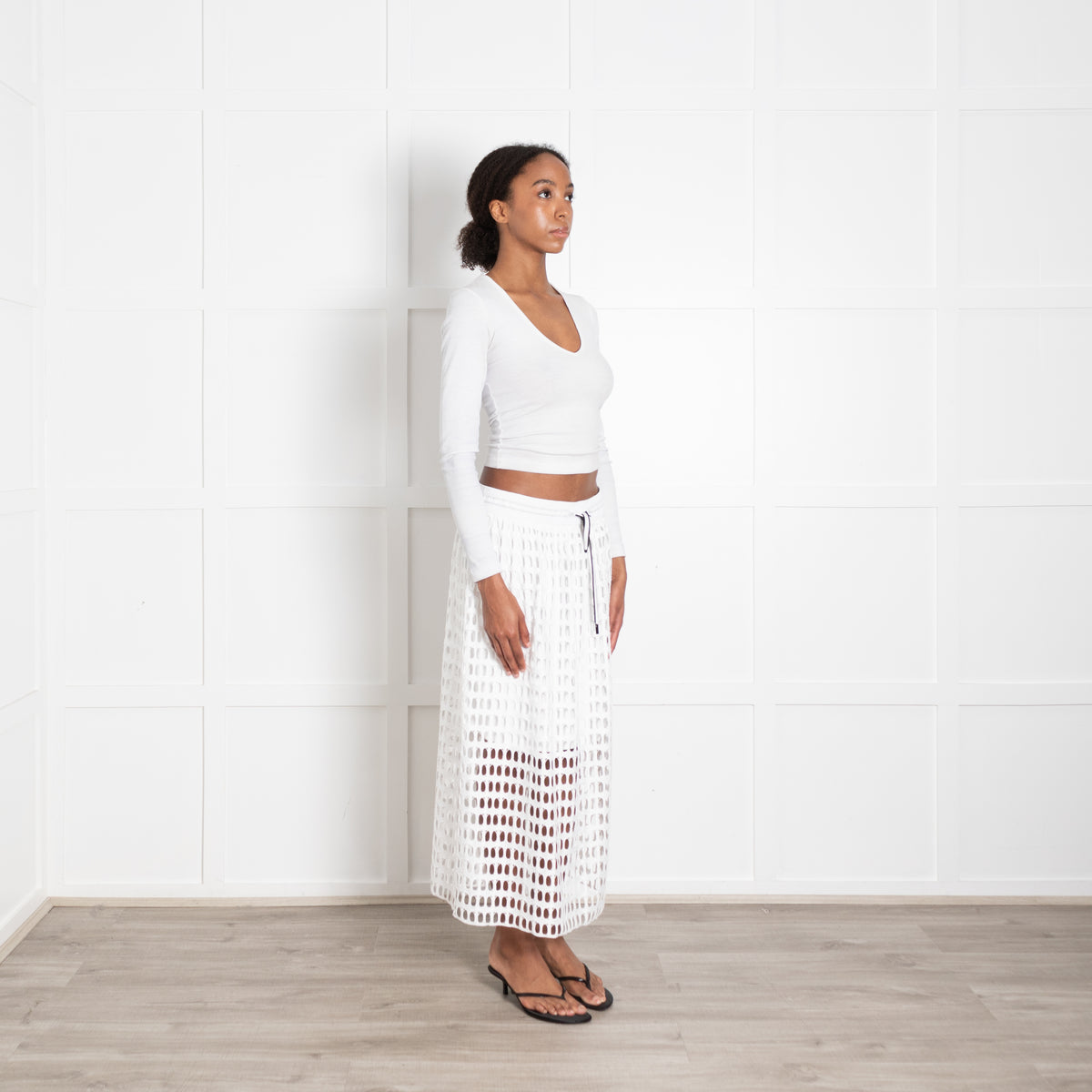 Marccain White Oval Lace Drawstring Waist Midi Skirt