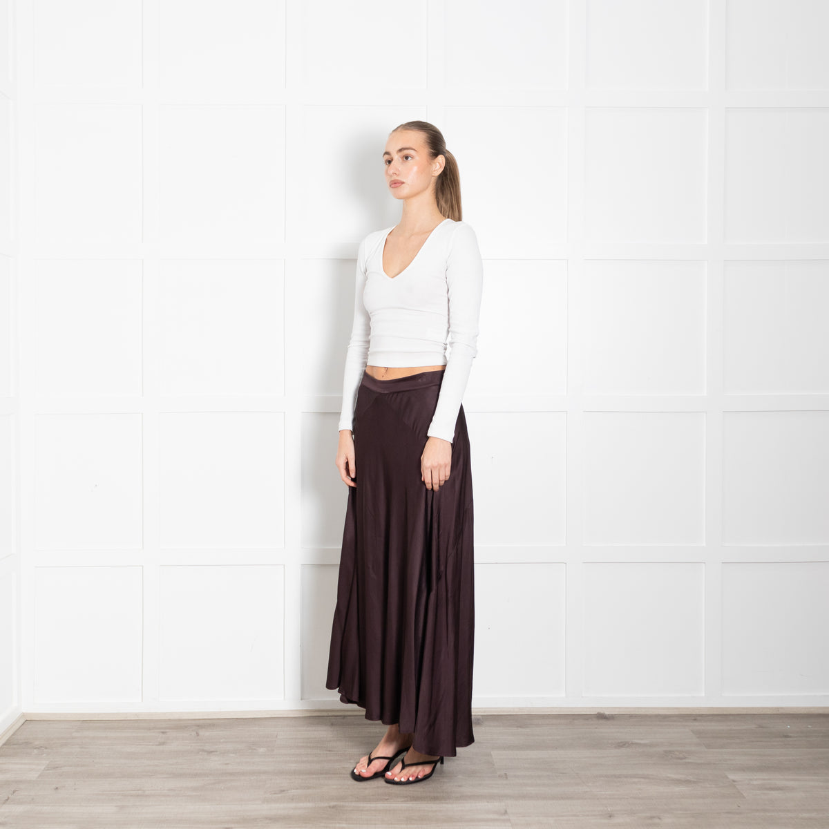 Rabens Saloner Brown Satin A-Line Maxi Skirt