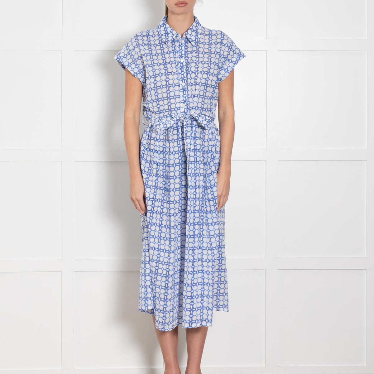 Zen Ethic Blue White Patterned Sleeveless Shirt Dress
