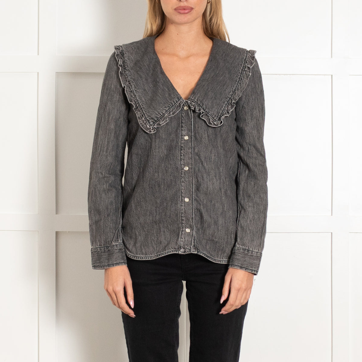 Ganni Grey Denim Frill Trim Collar Blouse
