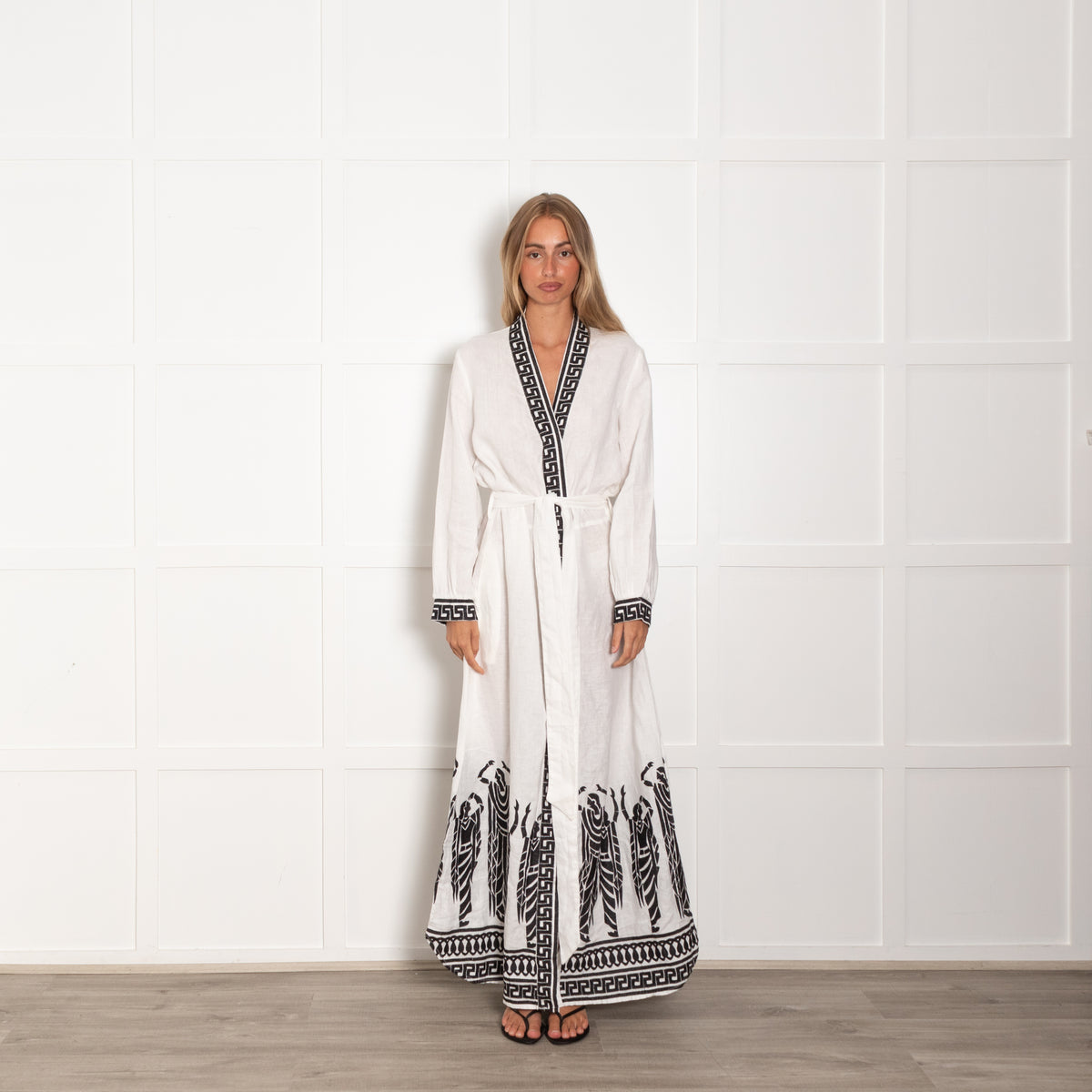 Greek Archaic Kori White Black Embroidery Maxi Kaftan Dress