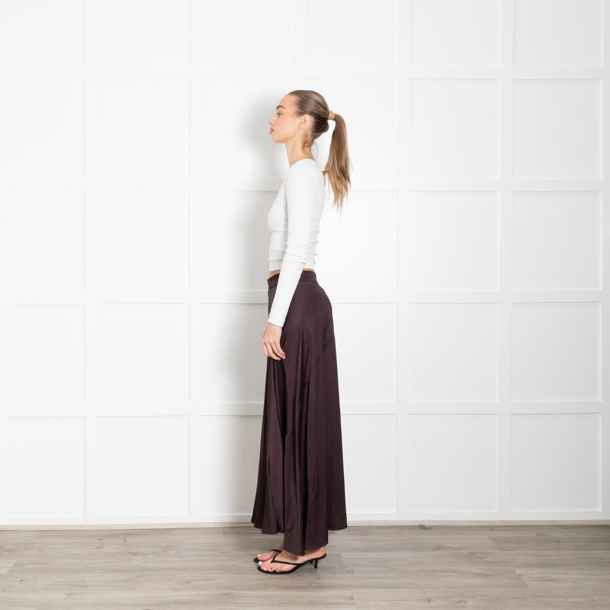 Rabens Saloner Brown Satin A-Line Maxi Skirt