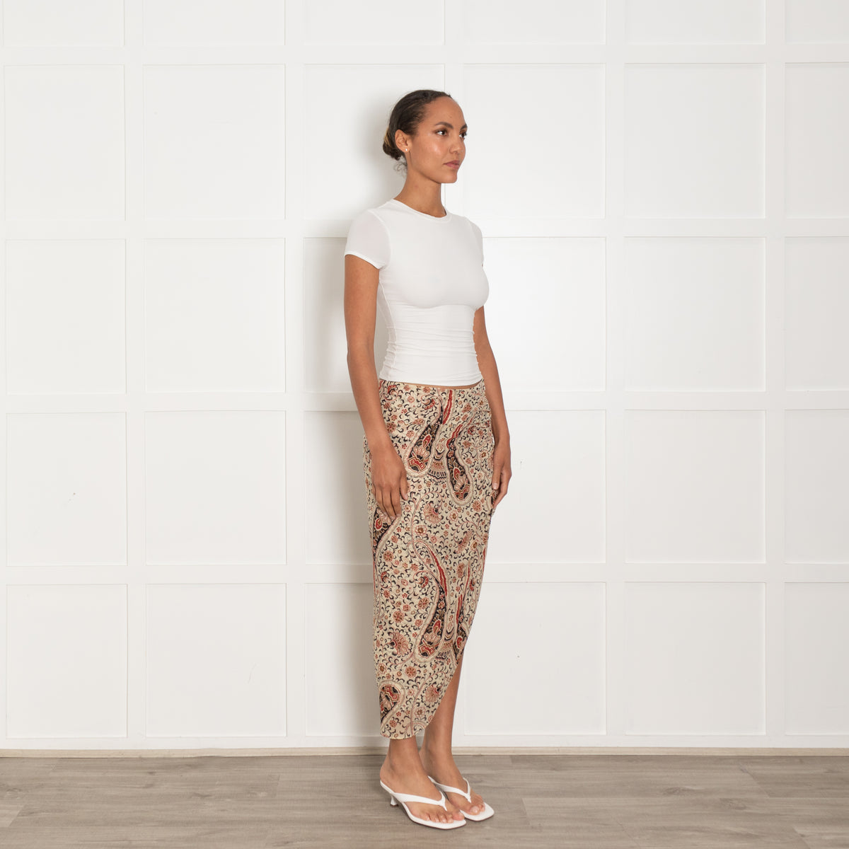 Veronica Beard Cream, Red and Brown Patterned Gathered Side Midi Skirt