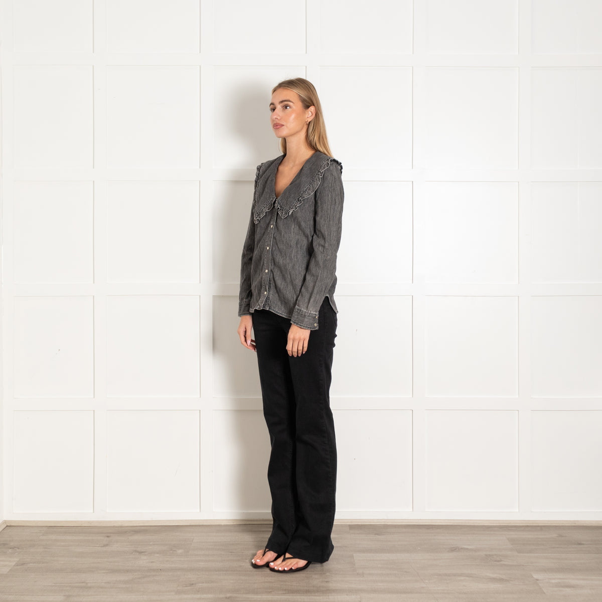Ganni Grey Denim Frill Trim Collar Blouse