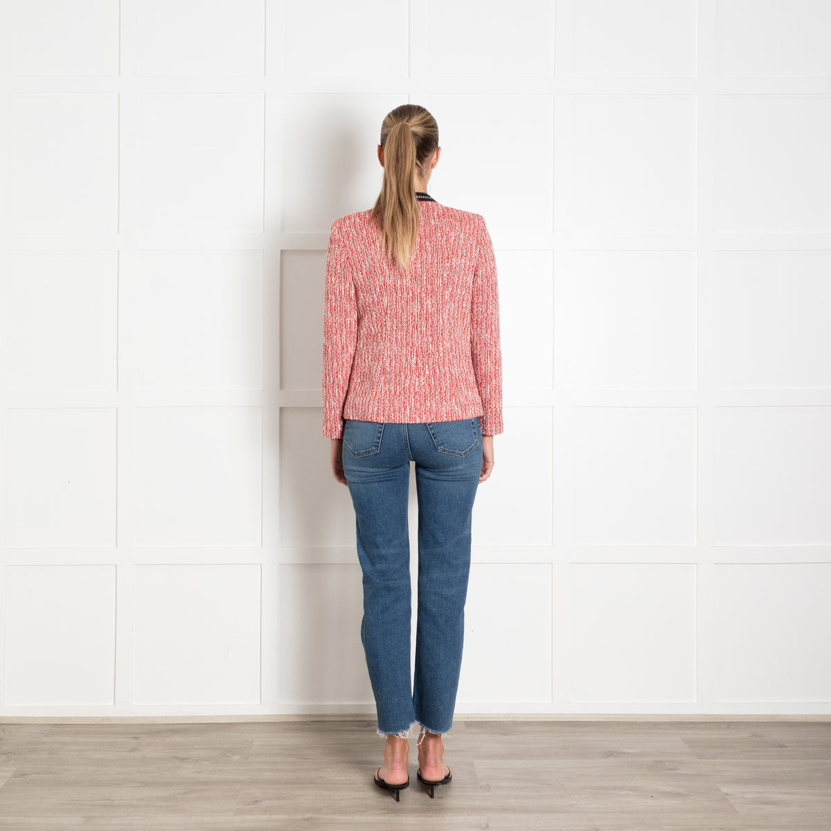 Maje Red and White Boucle Jacket With Silver Buttons