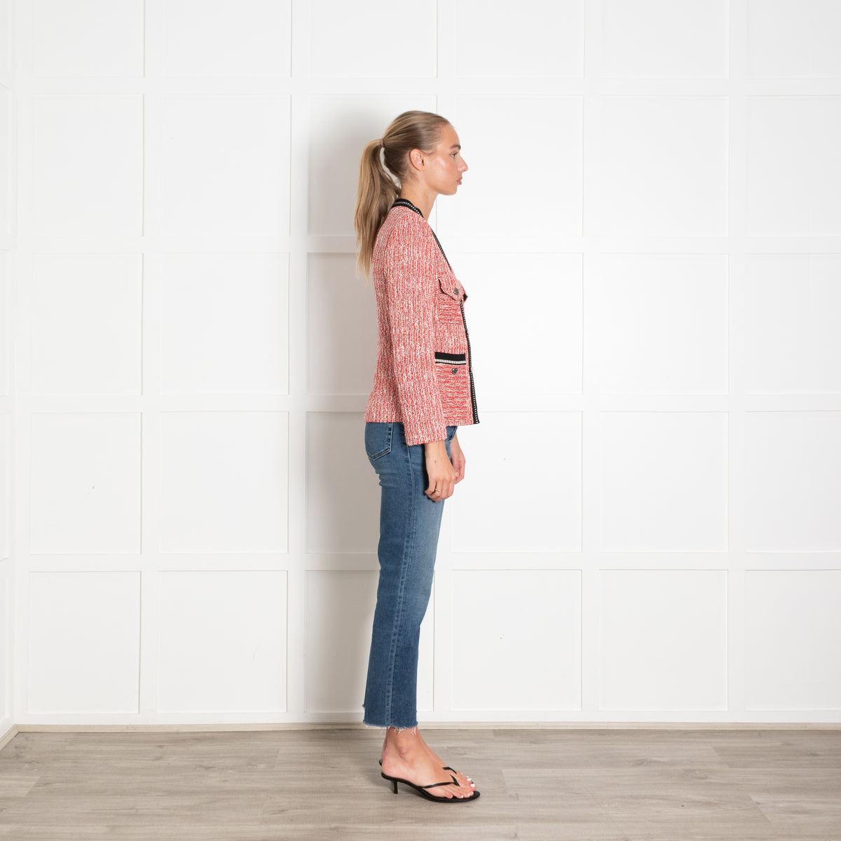 Maje Red and White Boucle Jacket With Silver Buttons