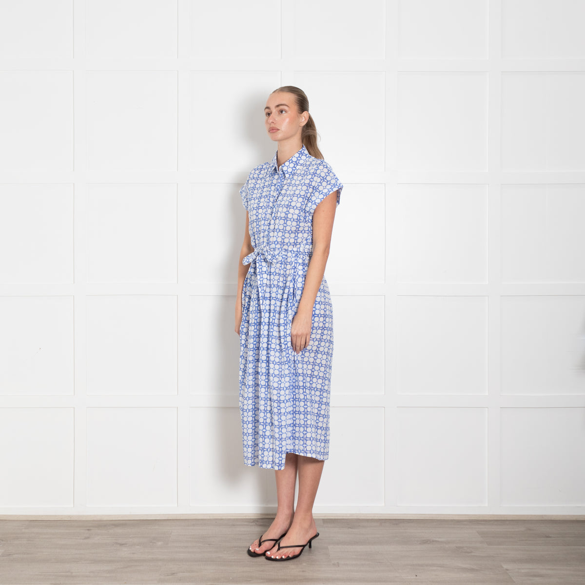 Zen Ethic Blue White Patterned Sleeveless Shirt Dress