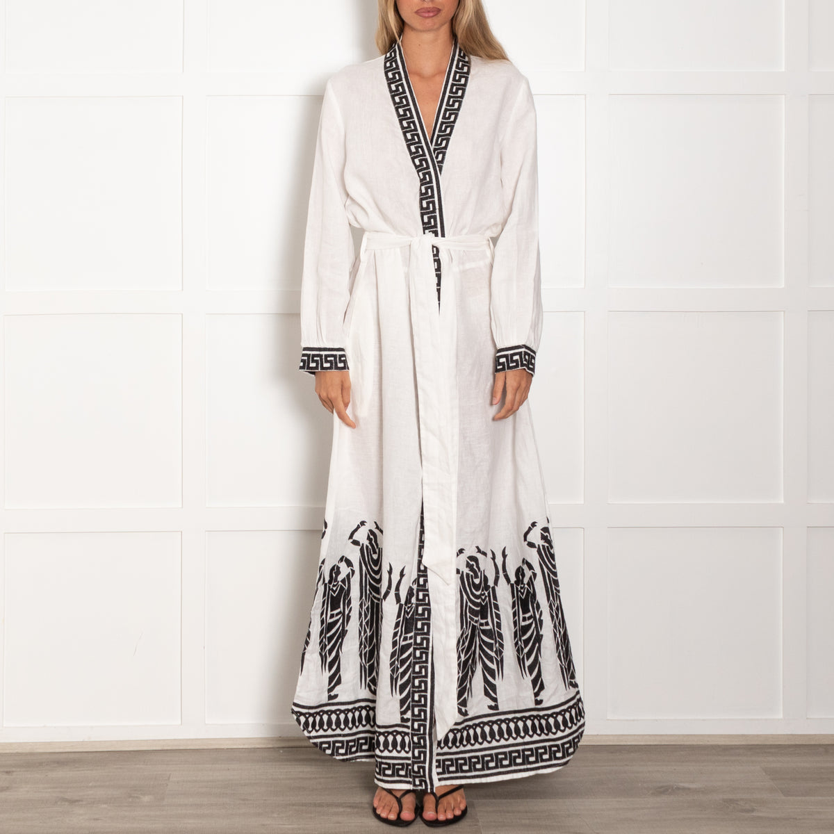 Greek Archaic Kori White Black Embroidery Maxi Kaftan Dress