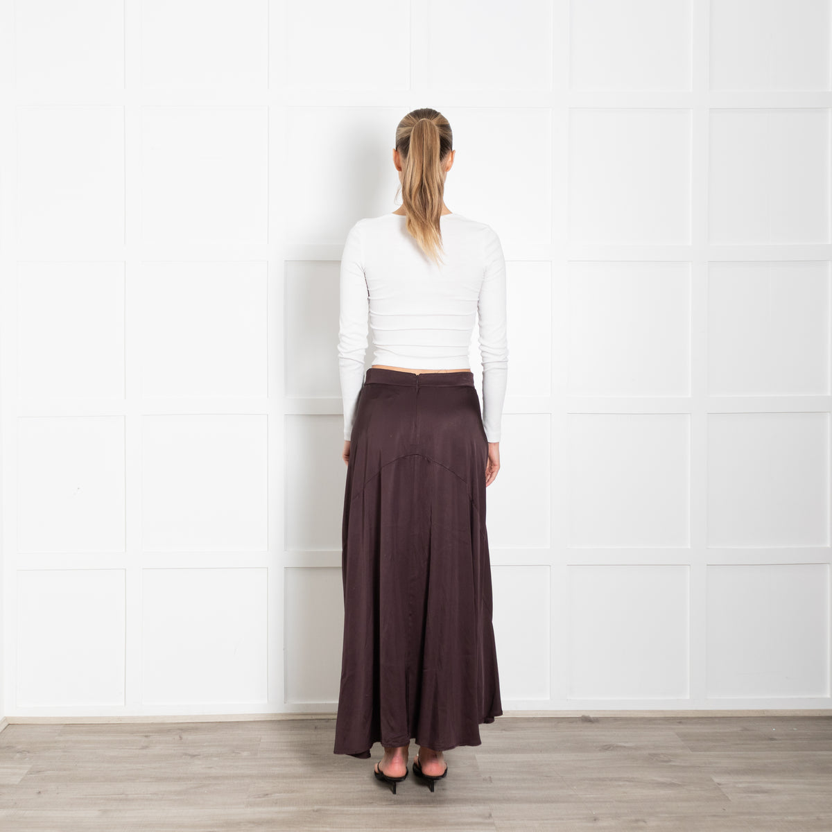 Rabens Saloner Brown Satin A-Line Maxi Skirt