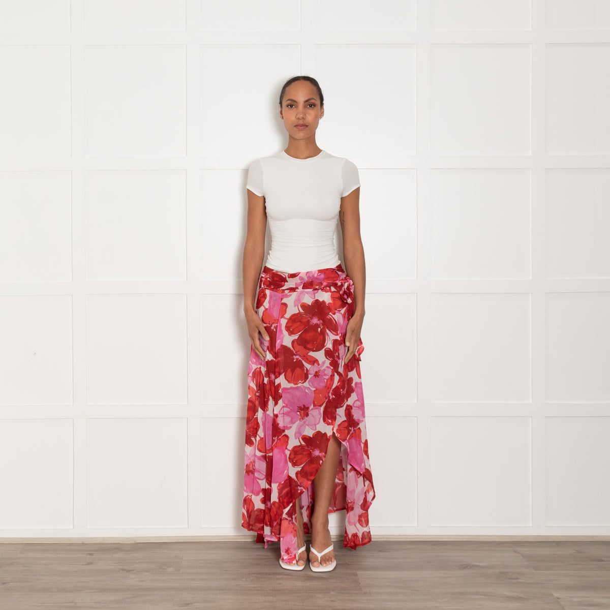 Evarae Pink and Red Floral Crepe Wrap Skirt