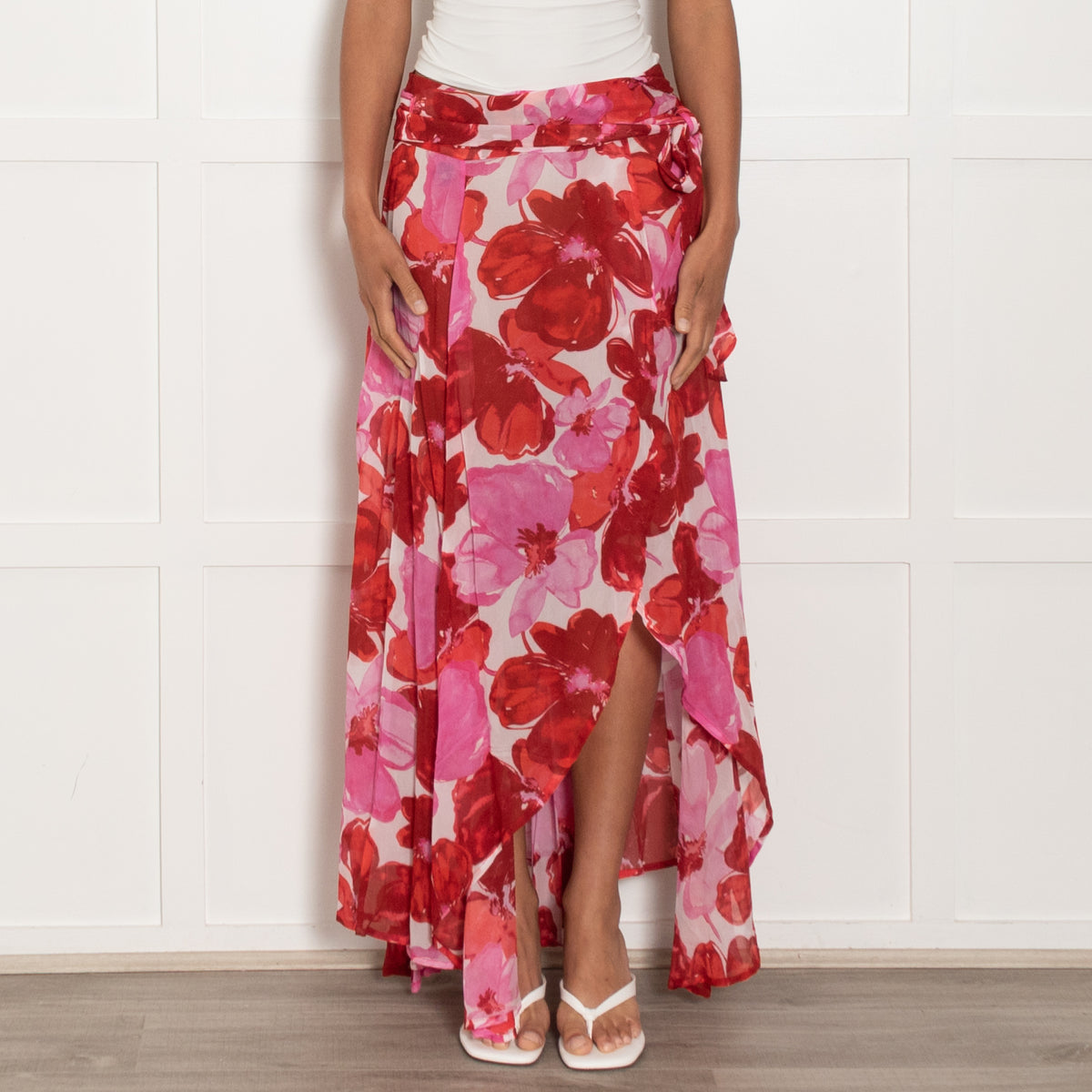 Evarae Pink and Red Floral Crepe Wrap Skirt
