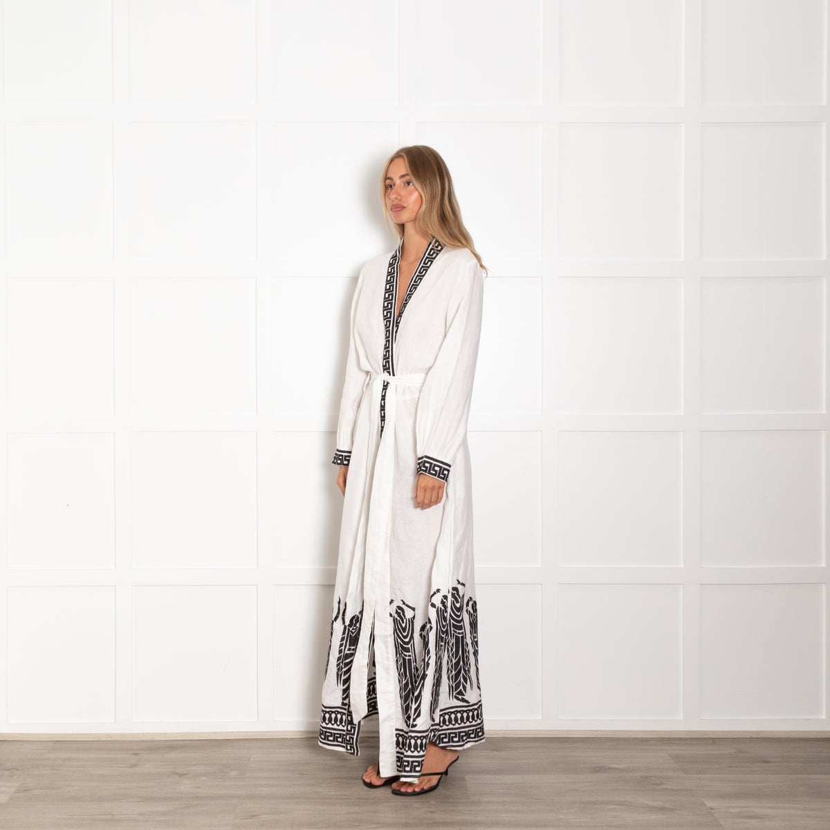 Greek Archaic Kori White Black Embroidery Maxi Kaftan Dress