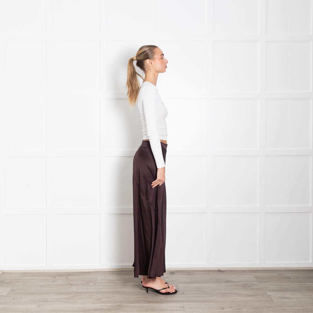 Rabens Saloner Brown Satin A-Line Maxi Skirt