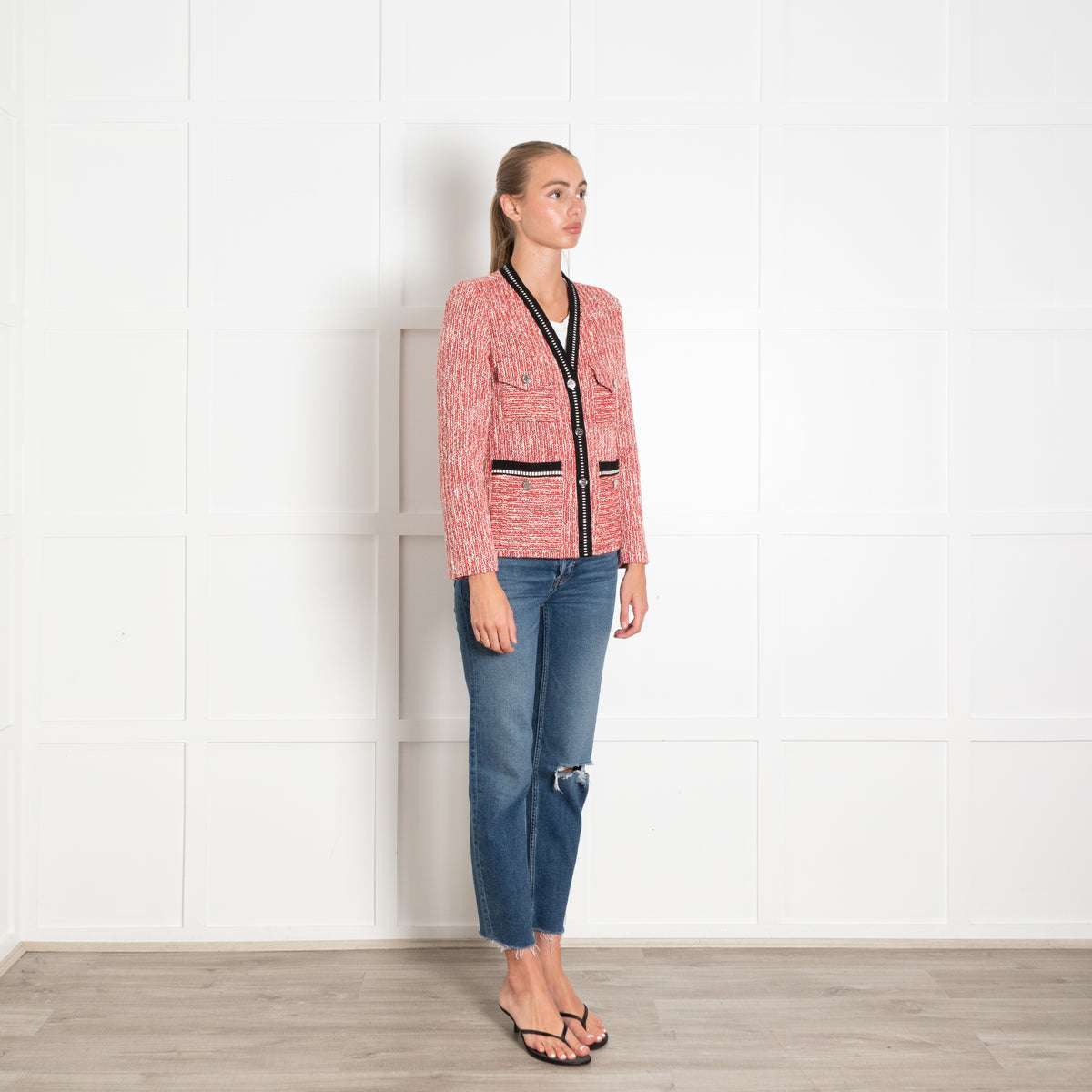 Maje Red and White Boucle Jacket With Silver Buttons