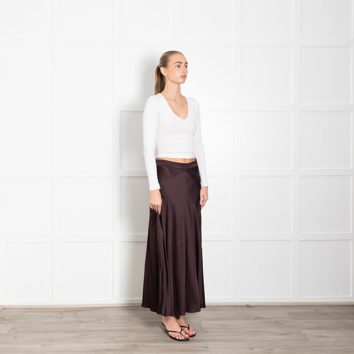 Rabens Saloner Brown Satin A-Line Maxi Skirt