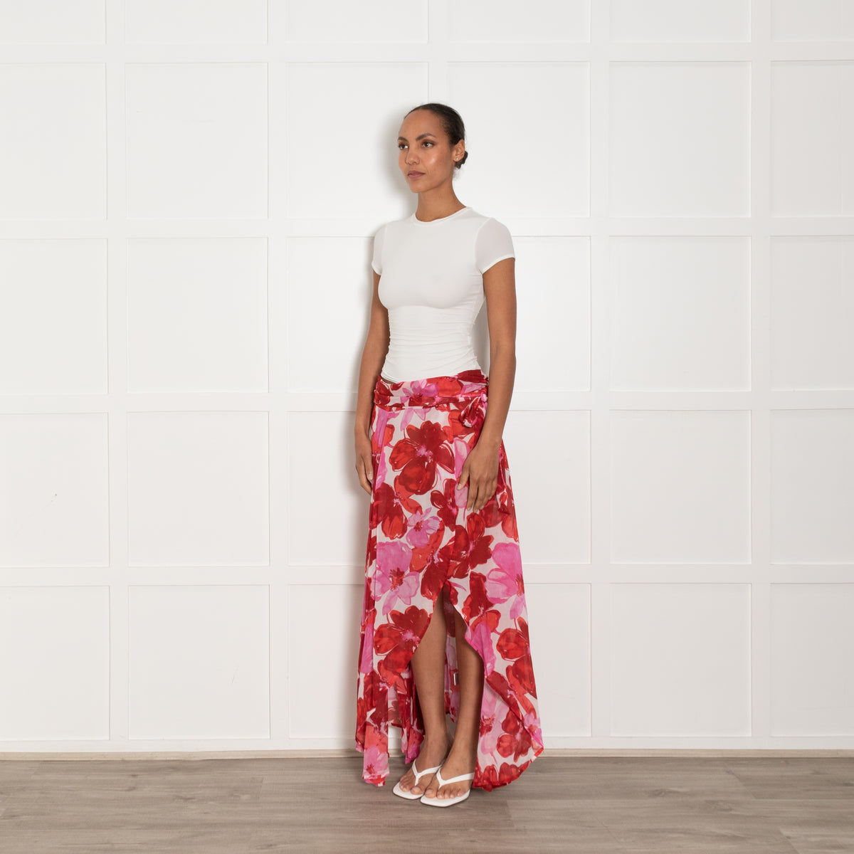 Evarae Pink and Red Floral Crepe Wrap Skirt