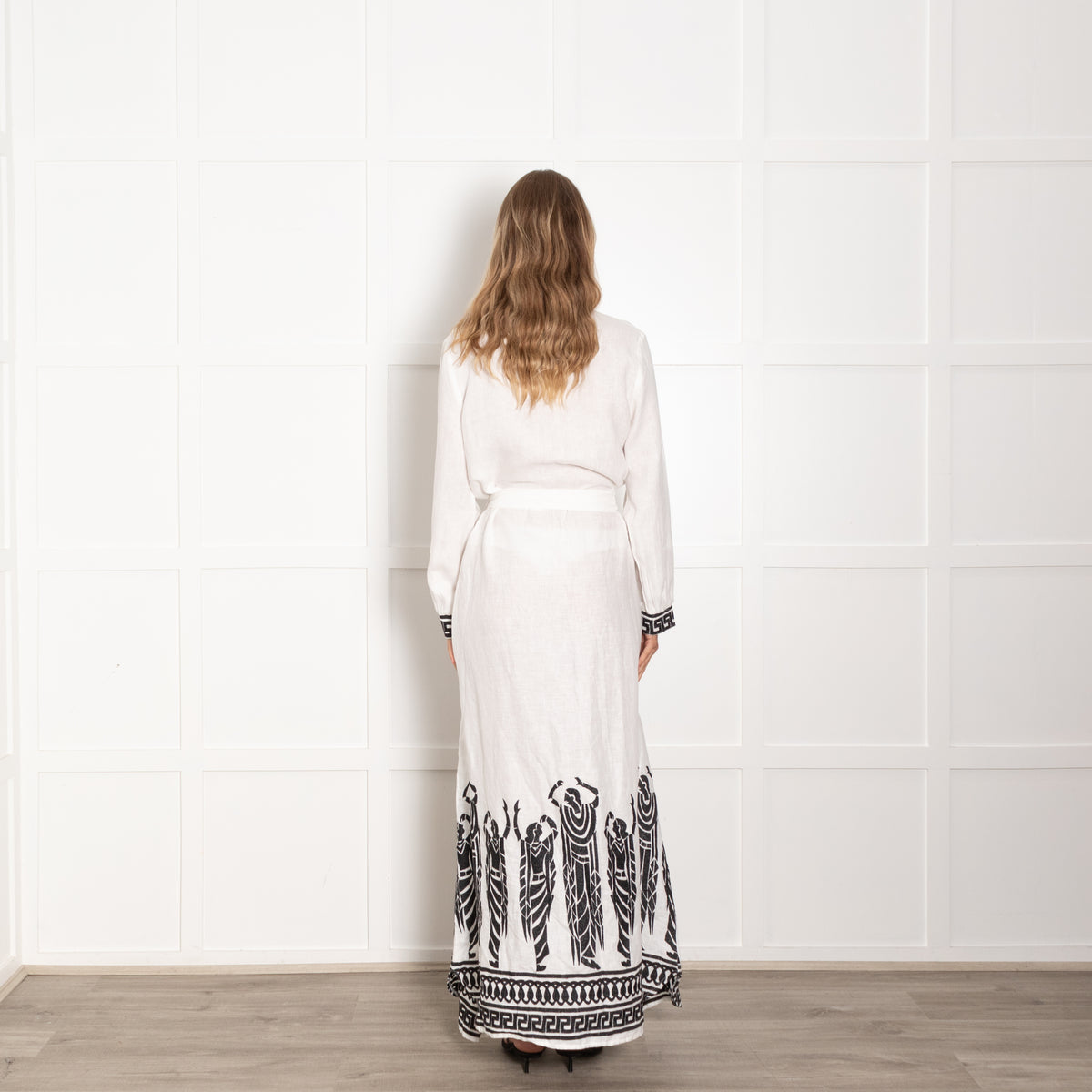 Greek Archaic Kori White Black Embroidery Maxi Kaftan Dress