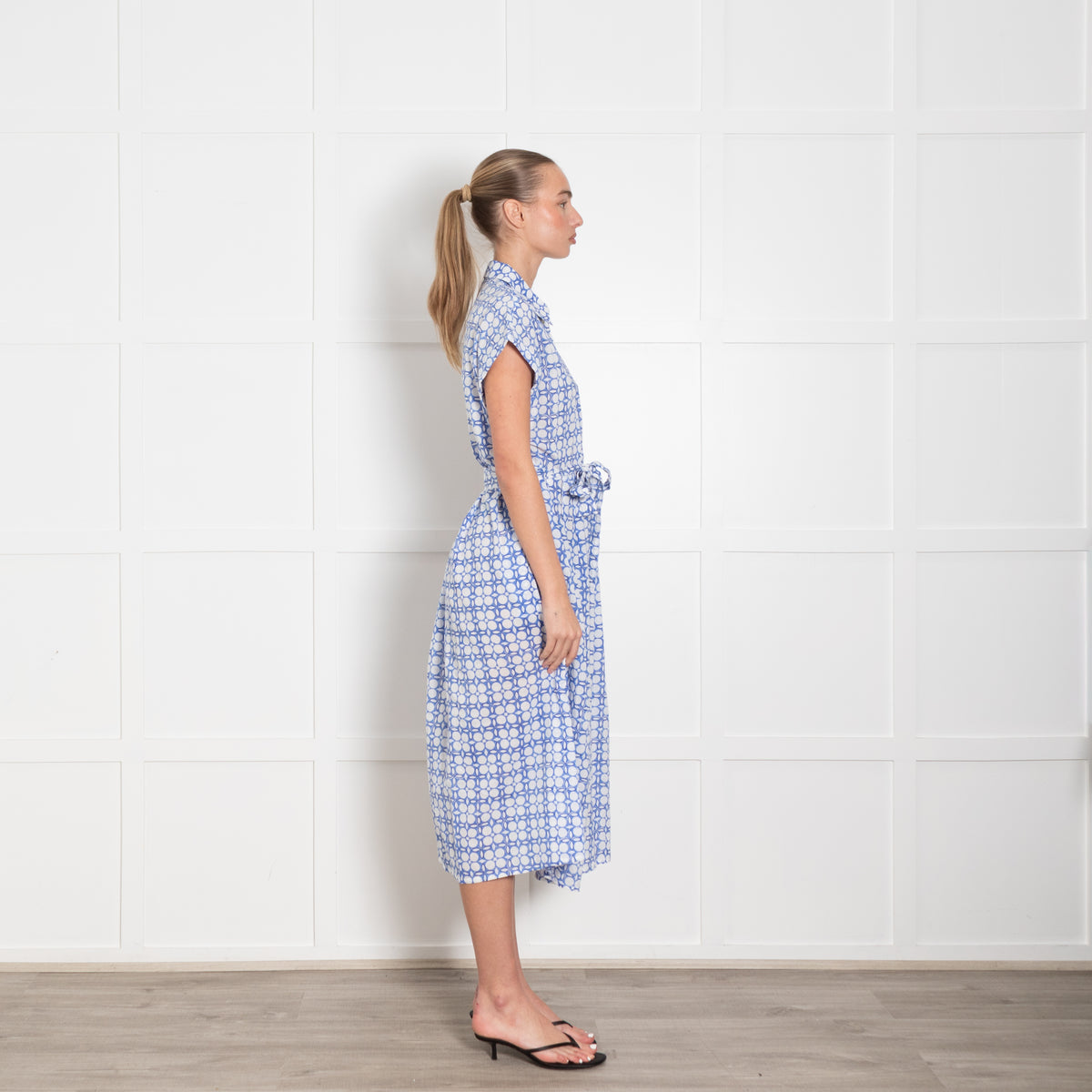 Zen Ethic Blue White Patterned Sleeveless Shirt Dress