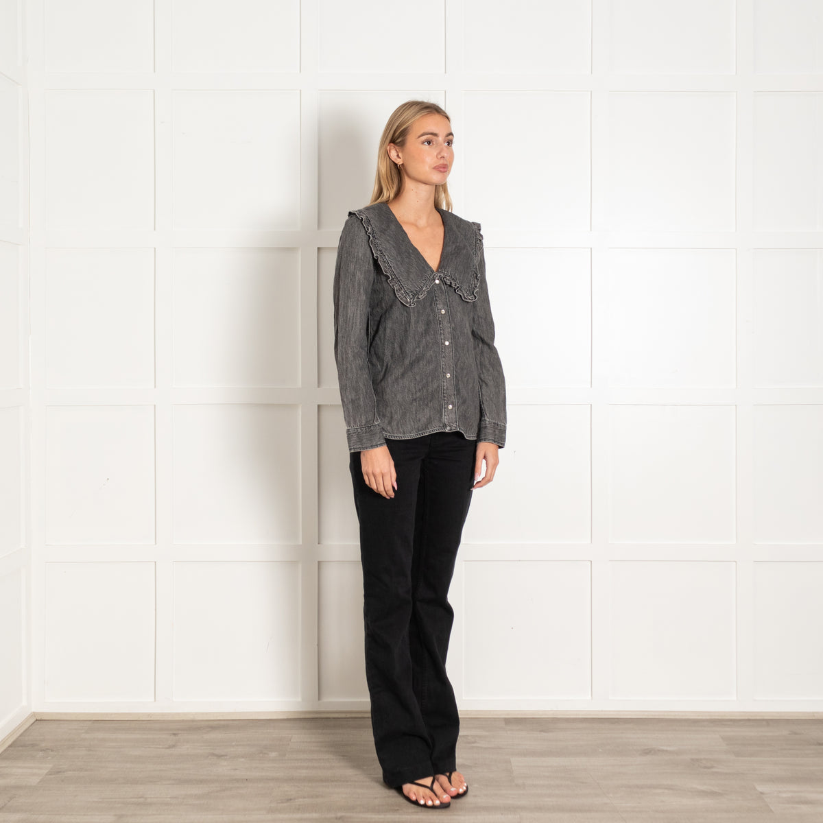 Ganni Grey Denim Frill Trim Collar Blouse