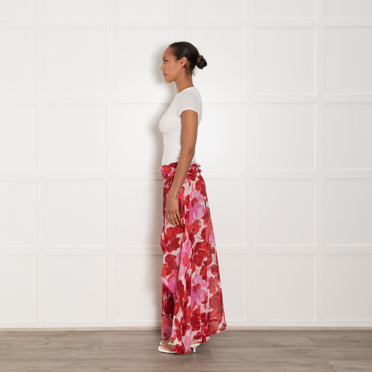 Evarae Pink and Red Floral Crepe Wrap Skirt