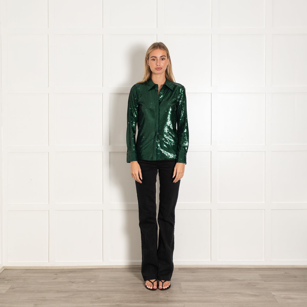 Elie Tahari Green Sequined Long-Sleeve Buttoned Blouse